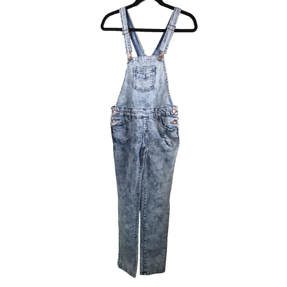 Justice Girls Size 12 Acid Wash Denim Distressed Overalls NWT Blue Pockets